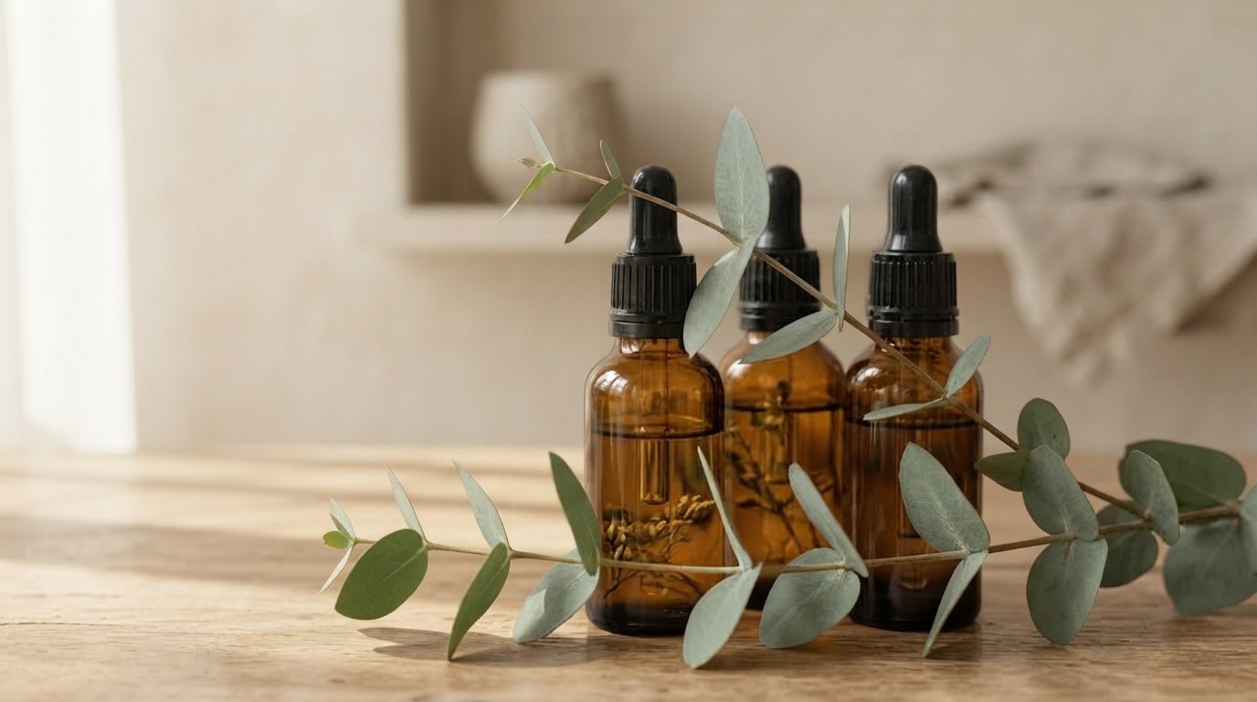 Frascos de vidro âmbar com conta-gotas sobre uma superfície natural, com um ramo verde ao lado.