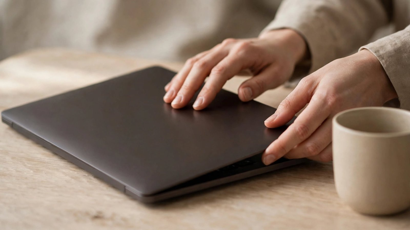 Mãos fechando a tampa de um notebook fosco ao lado de uma xícara de cerâmica, sobre mesa de madeira clara